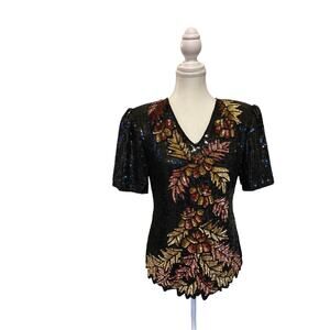 Stenay Plus | Vintage Formal Silk Black//Gold Sequin Floral Top | 1X